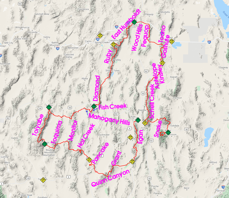 map of mountain ranges along the BRT thru hike route